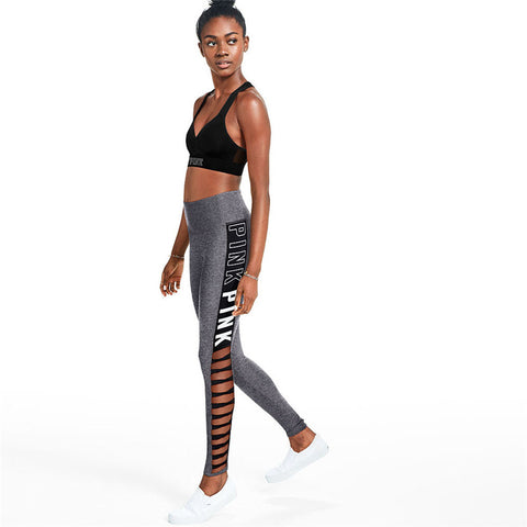 Fashion Grey Letter Print Women Leggings Harajuku Athleisure Fitness Clothing Elastic Sporting Leggings Side Hollow Women Pants