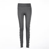 Fashion Grey Letter Print Women Leggings Harajuku Athleisure Fitness Clothing Elastic Sporting Leggings Side Hollow Women Pants